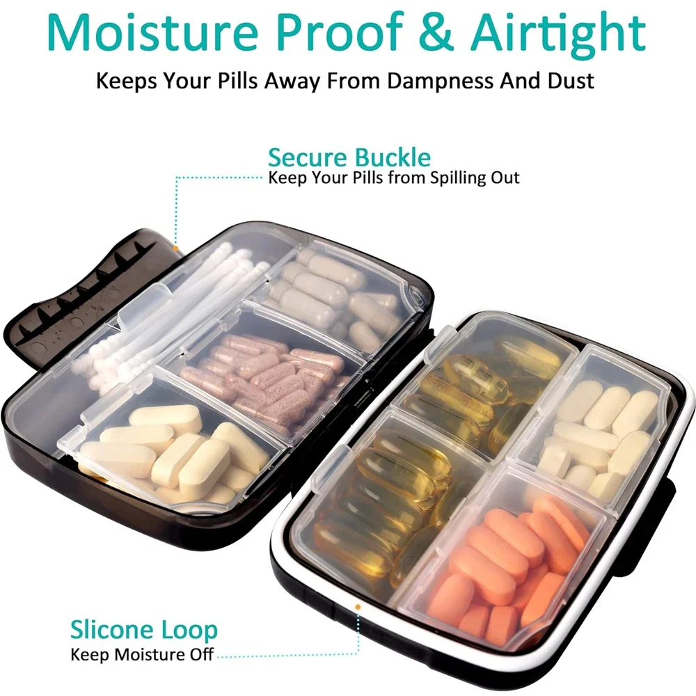 Travel Pill Organizer with 8 Spacious Compartments - Portable Medicine Storage Box