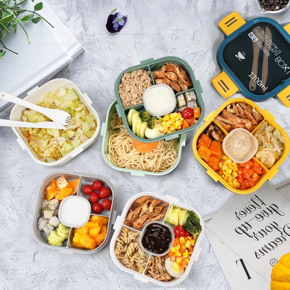 Lunch Box di grande capacità per adulti - Bento - A prova di perdite, senza BPA - Contenitore per pasti a doppio scomparto con posate e divisori - Adatto a microonde e lavastoviglie - Lavoro/Scuola