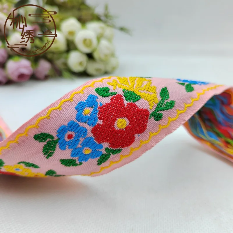 3Yards 5cm Ethnic Flower Jacquard Strap Ribbon Embroidered for Minority Clothing Edging Home Textile Headwear Hair Clip DIY Fabric