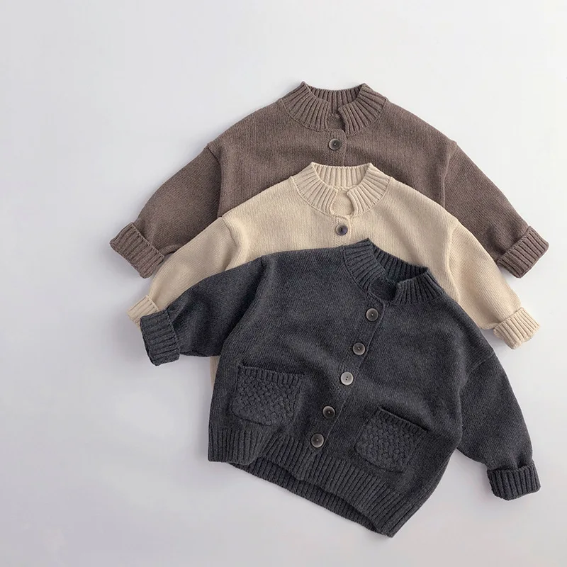 

Children Sweater Coat Autumn New Baby Girls Vintage Casual Knit Cardigan Jacket Fashion Boys Stand Collar Knitwear Kids Clothes