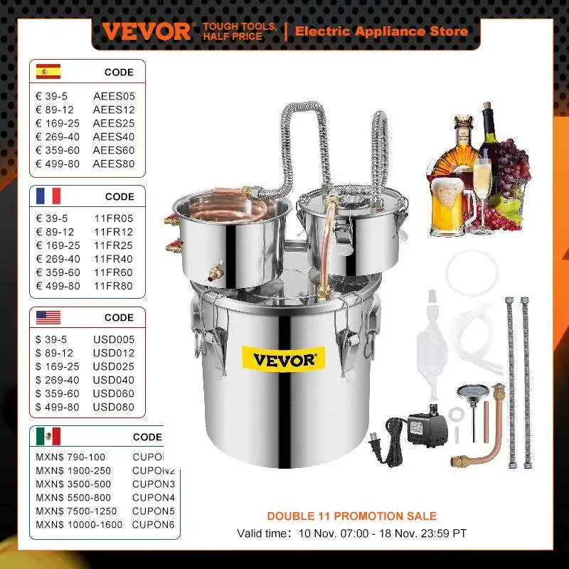 VEVOR 20L 30L Water Alcohol Brewing Distiller DIY Moonshine Apparatus Stainless Steel Still Whisky Beer Brandy Home Appliance