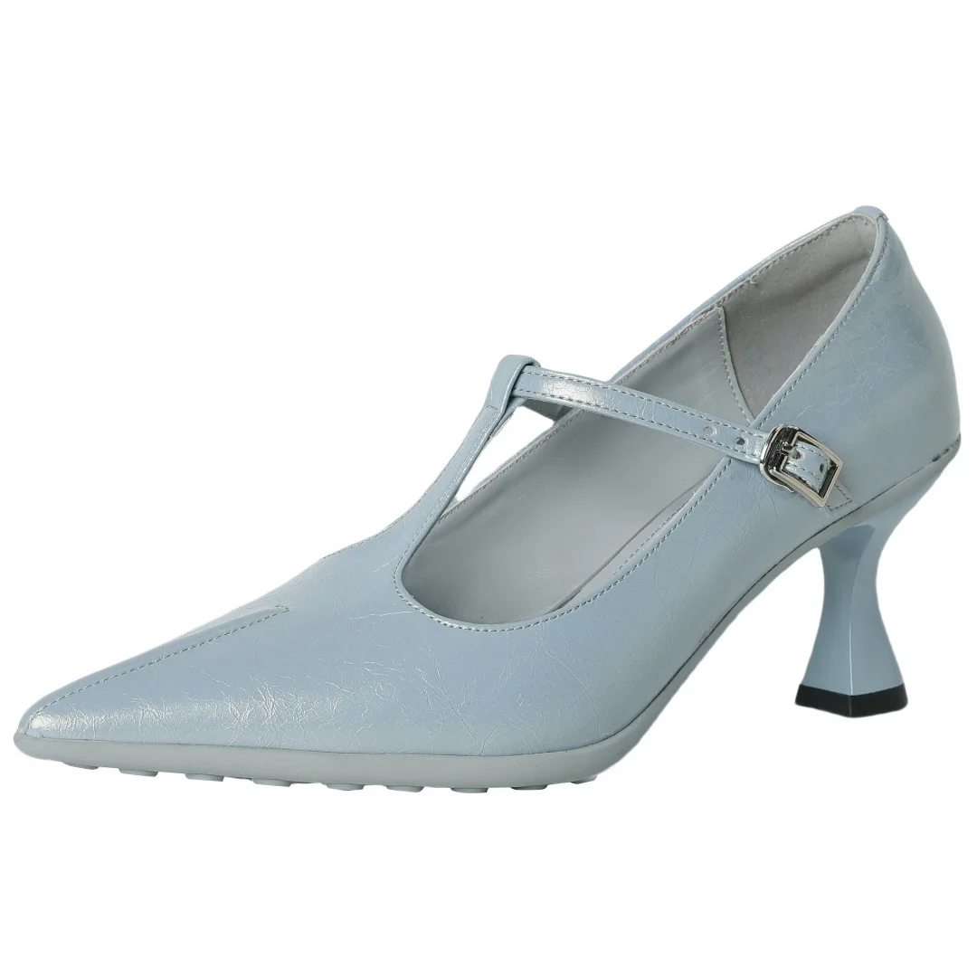 Image of Women's genuine leather pointed toe metal buckle slip-on t-strap pumps elegant ladies 7.5cm thin high heeled daily dress shoes