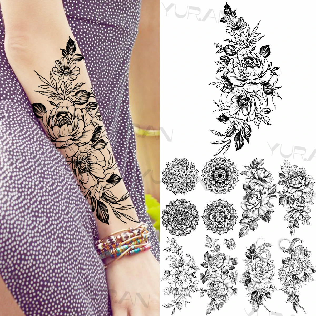 Tatouage Avant Bras Femme Fleur Papillon Faux Tatouages Temporaires À Fleurs Noires Pour Femmes Et Filles,  Autocollant Réaliste, Mandala, Serpent, Papillon, Avant-bras, Bricolage -  Temporaire Tatouages - AliExpress