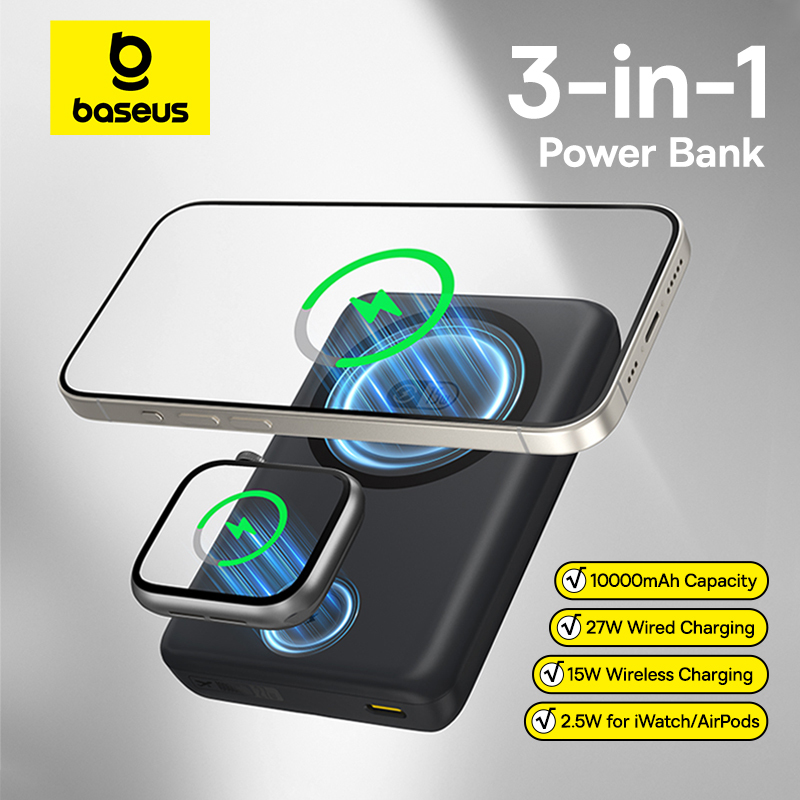  Baseus 27W Magnetic Power Bank 10000mAh 15W Wireless Charging External Battery For iPhone iWatch AirPods Samsung Xiaomi Poco 