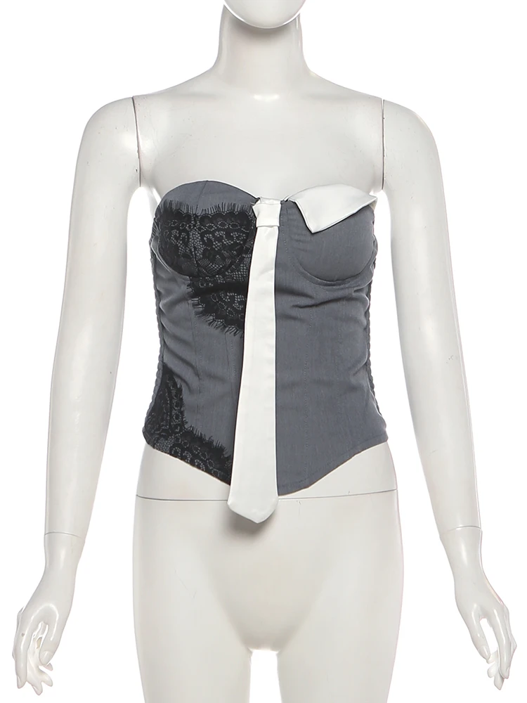 Nibber Sleeveless Fashion PU Patchwork Tank Top Women Sexy Trend Tie Irregular Hem Coquette Midnight Party Club Skinny Vests