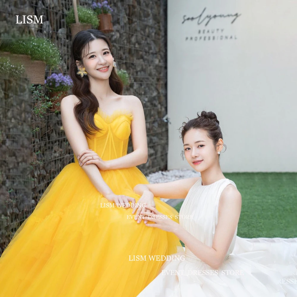 

LISM Princess Yellow Wedding Dress Korea Photo Shoot Tull Sweetheart Sleeveless Bridal Gown A Line Sweep Train Robe De Mariage