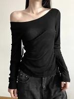 Femmes automne à manches longues Slash cou culture hauts élastique Sexy mince dos nu T-Shirts femme nouvelle mode à lacets haut rigide T-Shirts 2