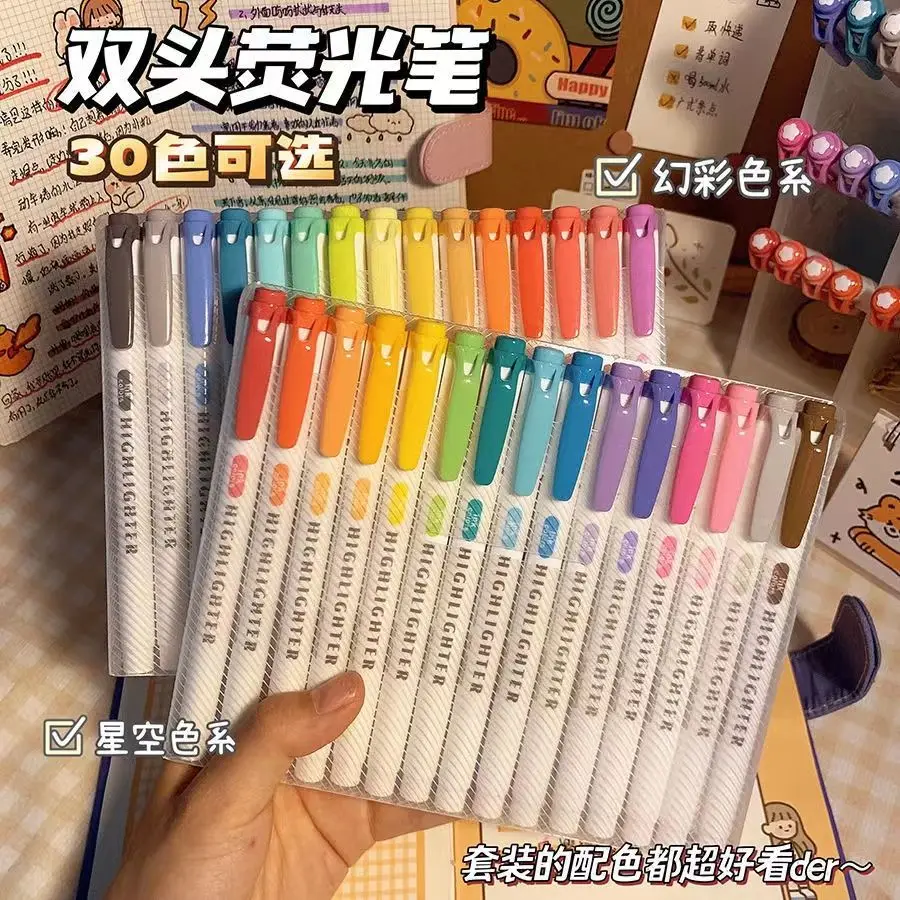 Double Headed Color Highlighter Pen High Visual Value Marking Key Point Marking Note Taking Non Smudging Paper Student