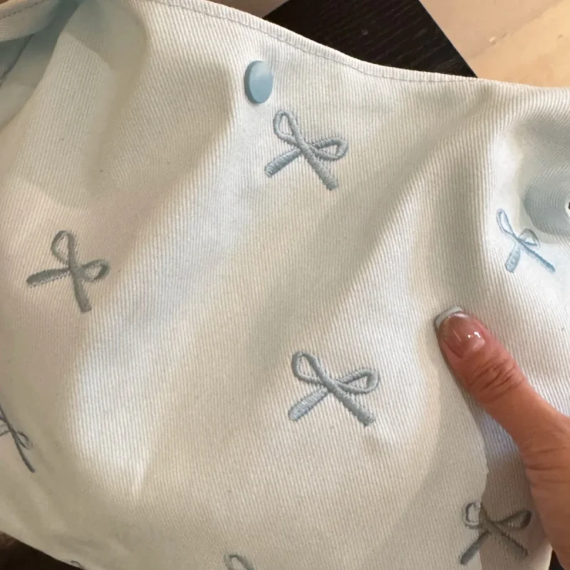 Korean Blue Bow Embroidered Canvas Bag for Women 2025 New Large Capacity Single Shoulder Tote Bag Commuter Underarm Bag