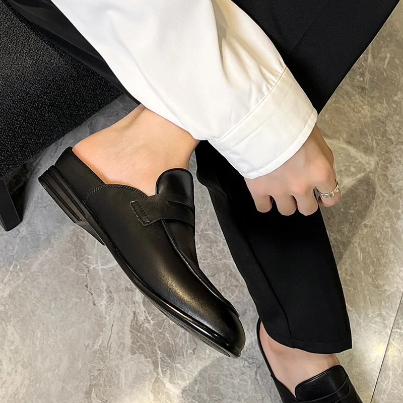 Luxury Designer Mens Half Drag Shoes For Men Casual Leather Fashion Half Shoes Mules Man Slides Loafers Slippers Male Summer 6