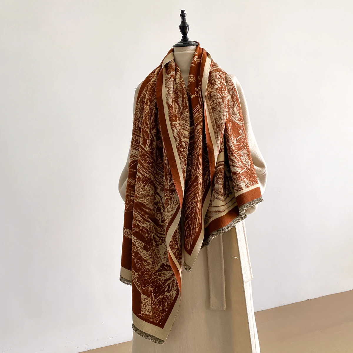 2025 Brand Elegance Two-Sided Print Scarf Soft Warm Fringe Pashmina Shawl Autumn and Winter Outdoor Coldproof Windproof Blanket