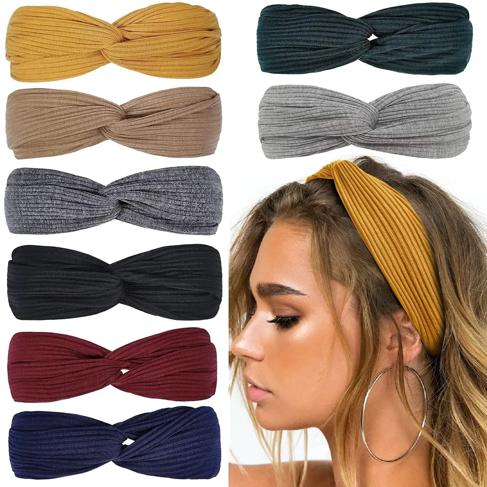 8Pcs Boho Head Bands for Women's Hair Non Slip Twist Hair Bands for Short Hair Fashion Summer Hair Accessories, Solid Color