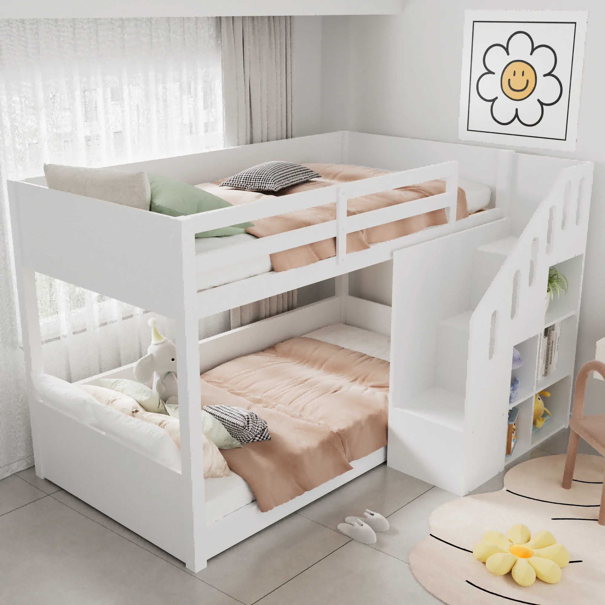 KOMHTOM multifunktionales Kinderetagenbett Doppelbett 90x200cm mit Treppen Schließfächern und stabilem Geländer ohne Matratze – Detail 1