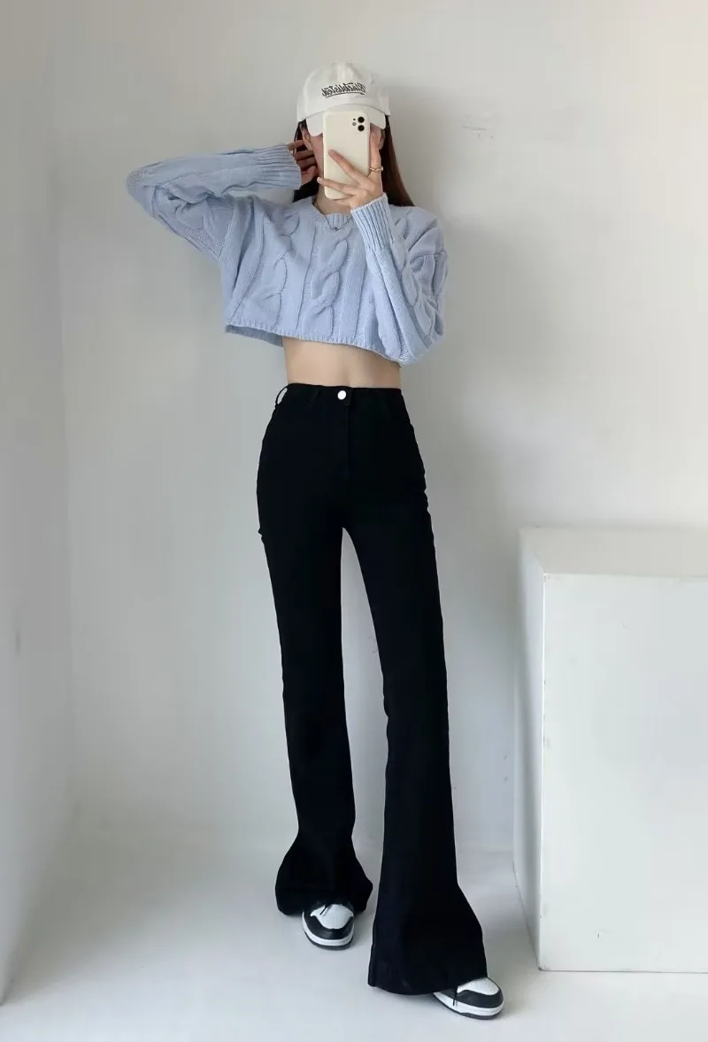 Pantalones vaqueros acampanados de verano para mujer, pantalones vaqueros largos ajustados, pantalones vaqueros elásticos azules de moda Y2K, pantalones vaqueros de cintura alta 2025
