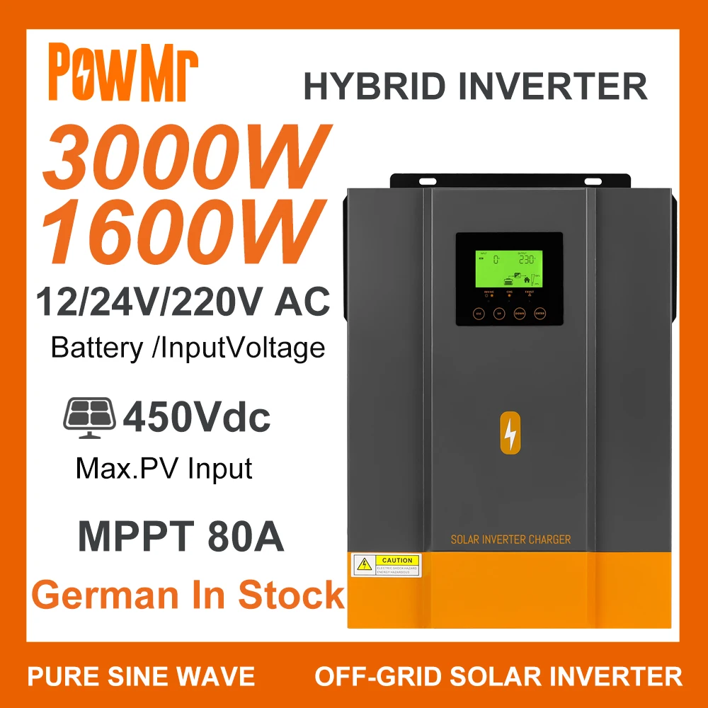 PowMr Wide Voltage 3KW 1.6KW 12V 24V Inverter Built in MPPT 80A Solar Charger 220V/230V AC Max PV 450Vdc for Solar Panels System