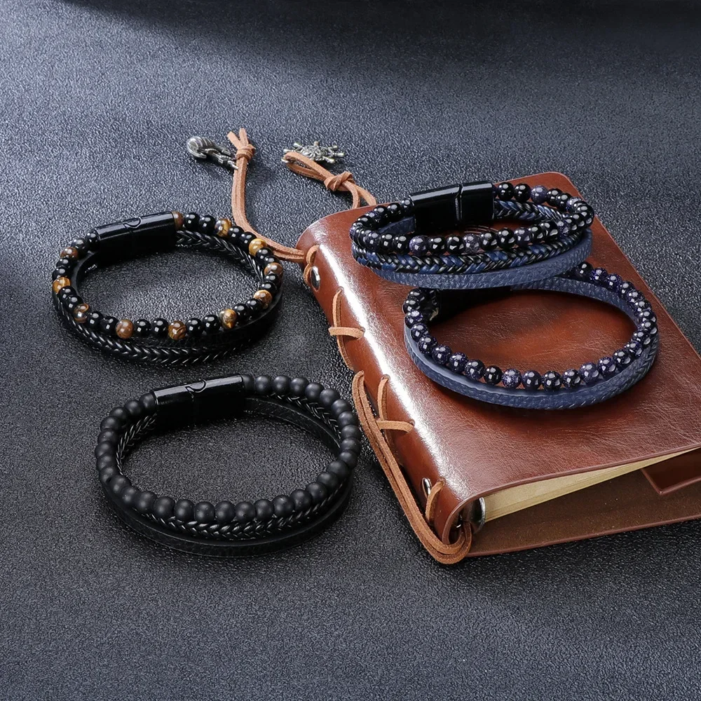 

Vintage Men'S Natural Volcanic Stone Alloy Leather Multi-Layer Bracelet Woven Bracelet - Birthday Gift For Boys