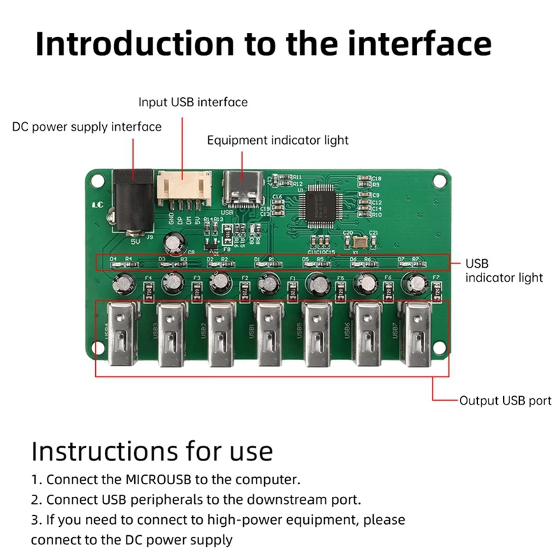 DC5V USB 2.0 HUB Module 1 To 7 Port USB Hub Seven Port Splitter Expansion Module With LED 480Mbps