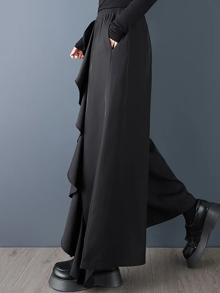 2025 Spring Autumn New Black Vintage High Waist Loose Wide Leg Pants Women Ruffles Casual Ladies Trousers Fashion Streetwear