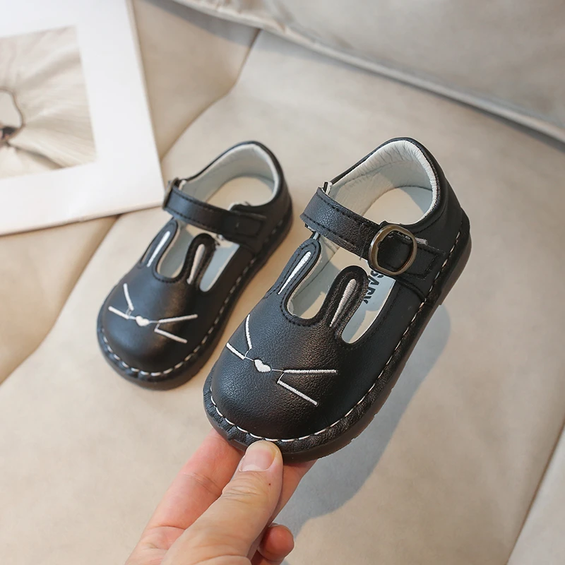 Unisex Children Shoes Cartoon Autumn Round Toe Hook-loop Kid's Leather Shoe Toddler Soild Color Leisure Boys Girls Flat Shoe