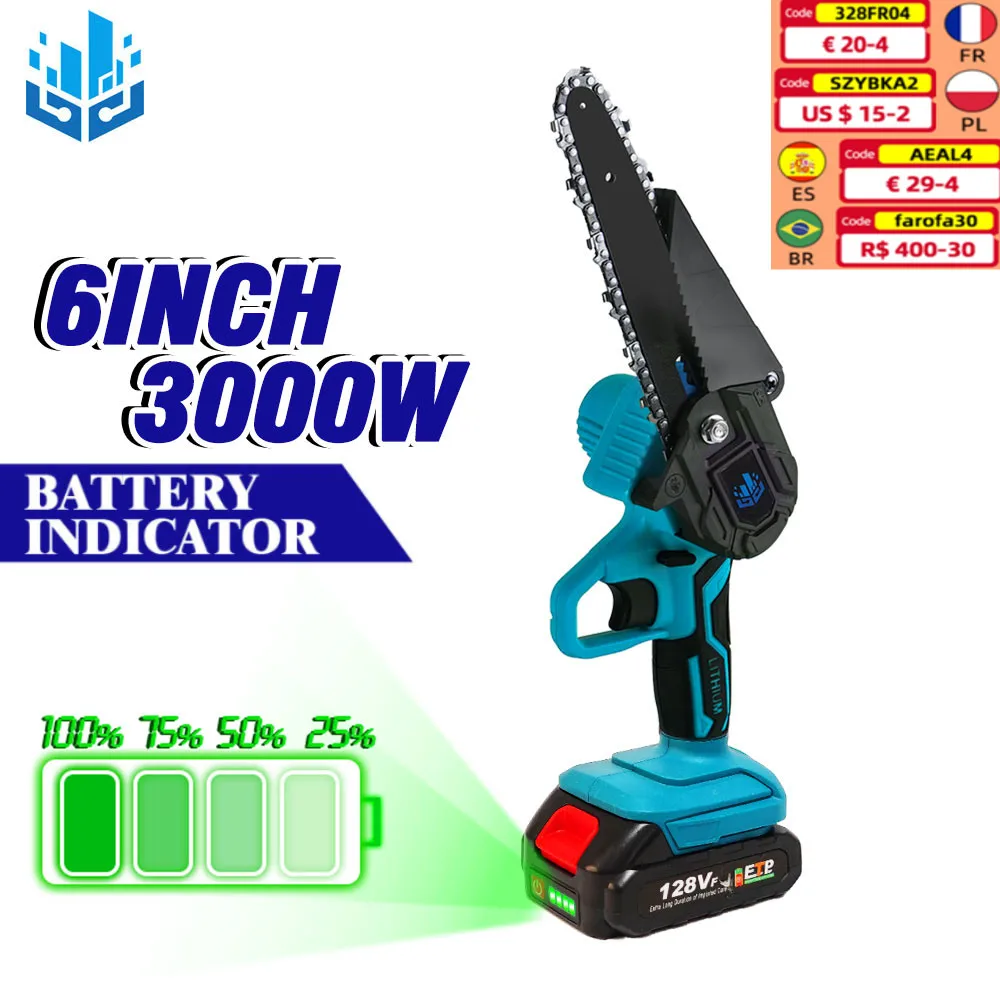 6 Inch 3000W Mini Electric Chain Saw Cordless Pruning ChainSaw For Garden Tree Logging Woodworking Power Tool Lithium Battery |