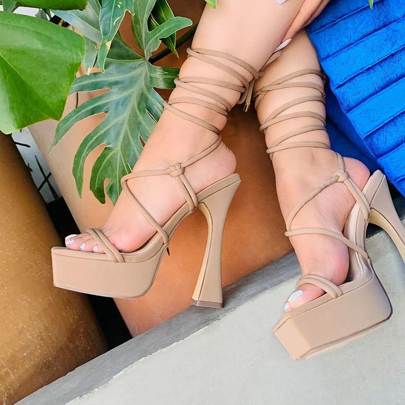 

Summer Solid Color Platform Peep Toe Narrowband Women's Sandals 15CM High Heels Hollow Ankle Strap Gladiator Shoes Size 35-42