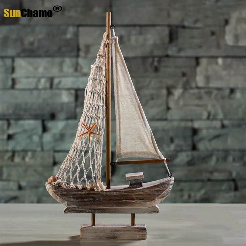 20cm Mediterranean Handmade Wood Sailboat Model Decoration Boat Gift Toy C 