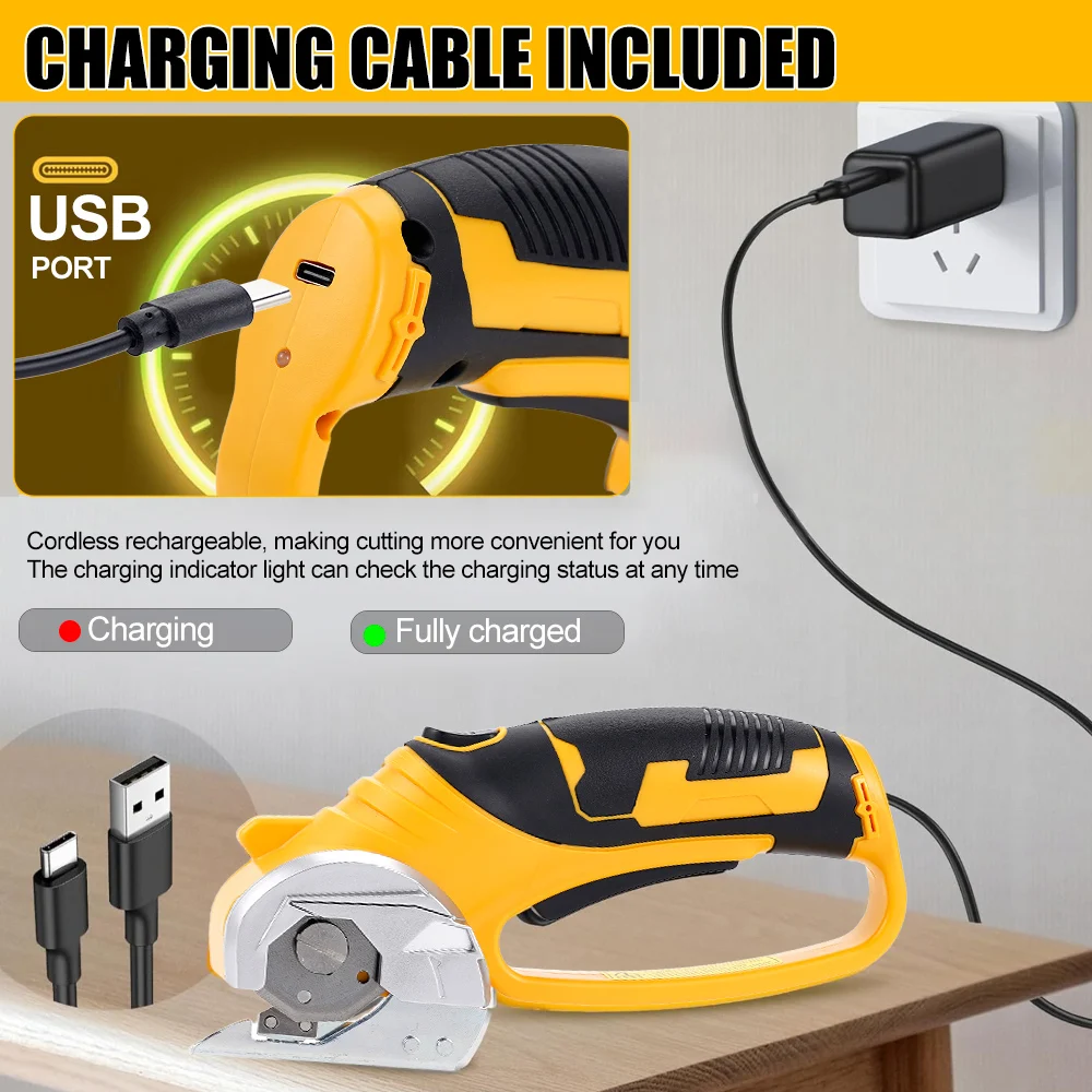 3.6V 1500mAh 무선 전동 회전식 원단 가위 SK4 블레이드 USB 타입-C 충전식 LED 안전 가위 (가죽, 카펫용)