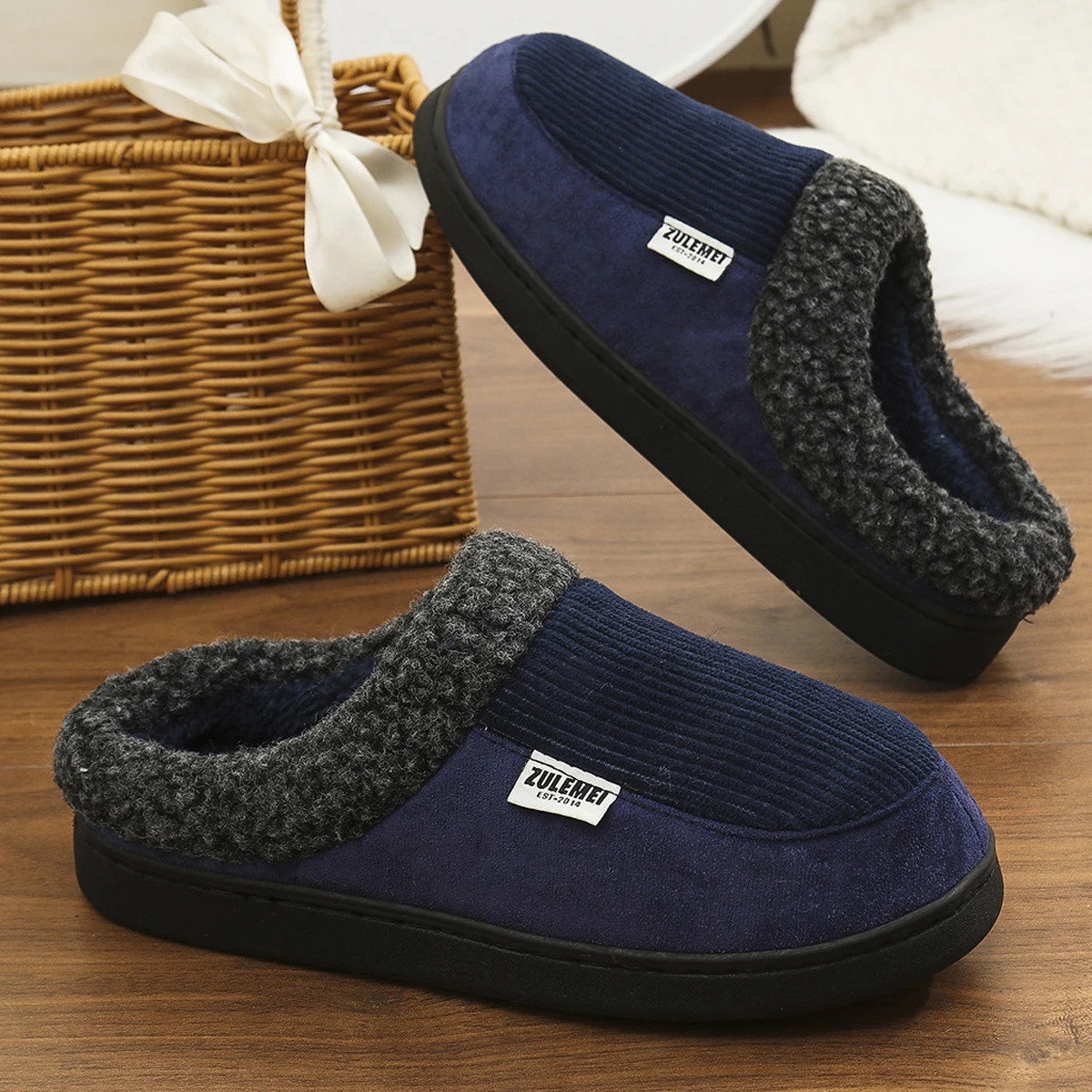 Men Cotton Slippers Winter Warm Fur Plush Indoor House Cotton Shoes Fashoin Outdoor Antiskid Fuzzy Fluffy Men Slipper