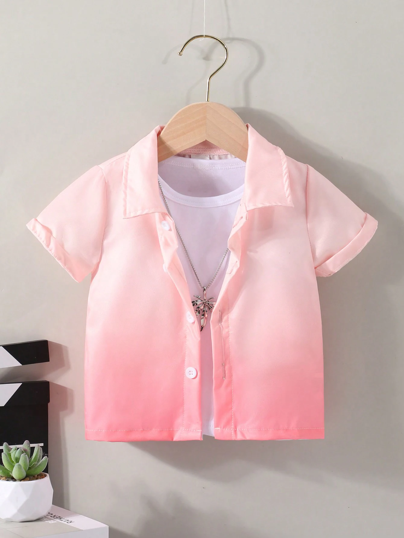 Summer Boys Casual Comfort Vacation Seaside Travel Style Short-sleeved Shirt Pink Gradient Baby Girls Fashion Cardigan