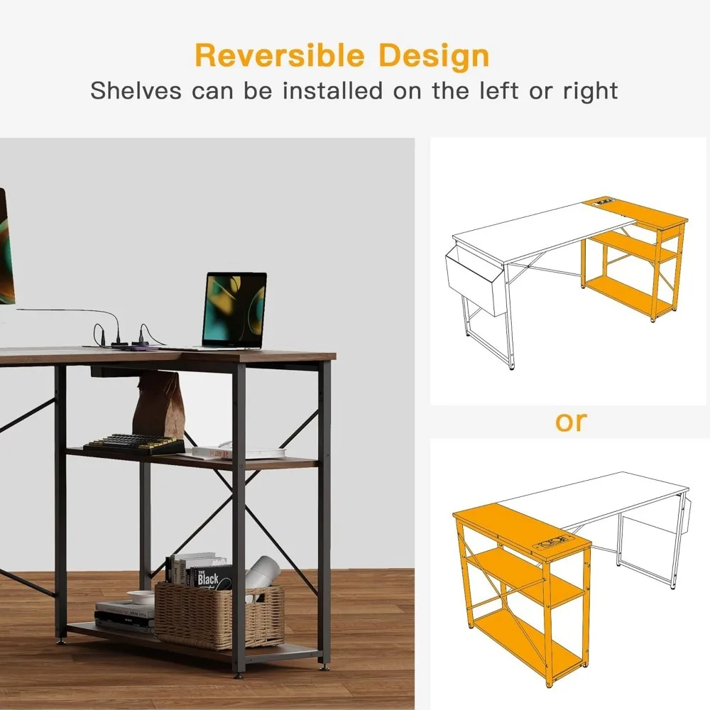 L Shaped Computer Desk with Reversible Shelves, Gaming Desk Study Writing Desk for Home Office Bedroom Small Space 6