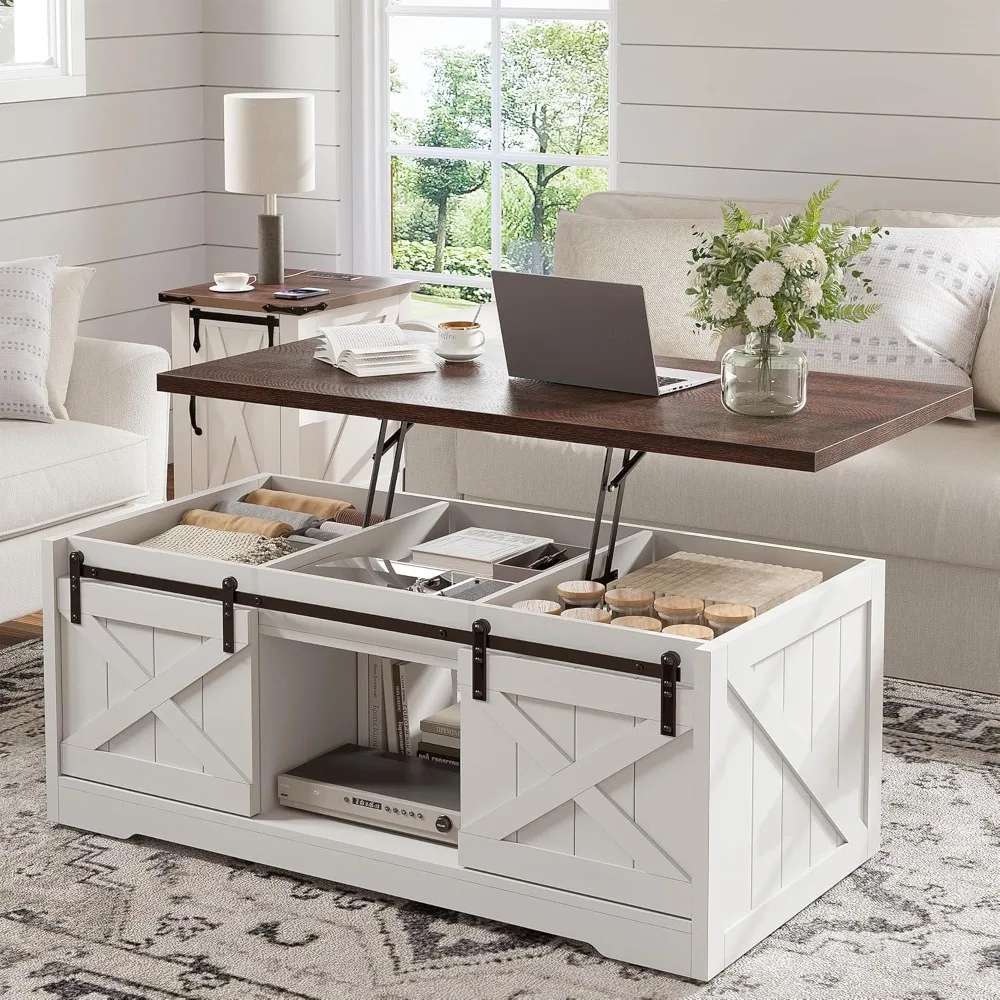 Farmhouse Lift Top Coffee Table with Sliding Barn Door Large Coffee Tables for Living Room, Wood Center Table
