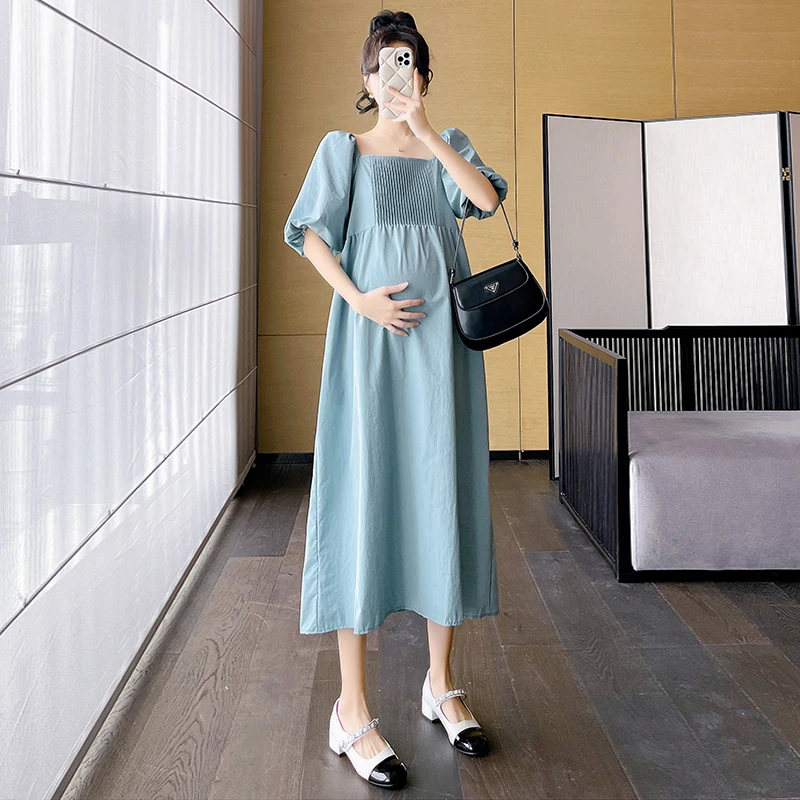 Elegant Square Collar Dress for Maternity Summer Puff Sleeve Long Loose Pregnant Women Brief Dress Elegant Office Lady Clothes