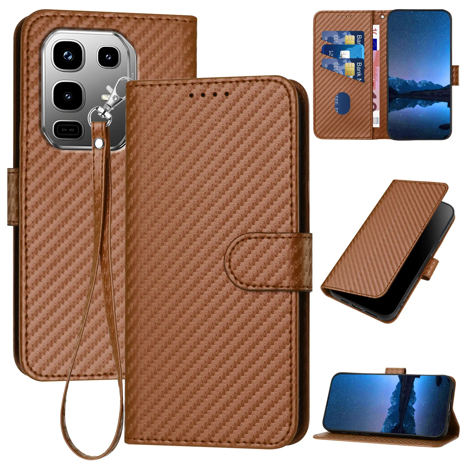 Carbon Fiber Leather Magnetic Stand Book Wallet Phone Case