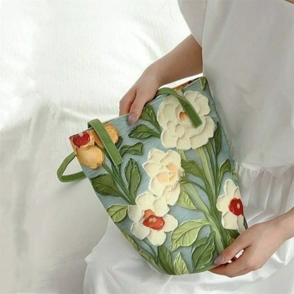 Women's Large Capacity Summer Floral Oxford Bucket Bag Casual Fashionable Shoulder Bag with Oil Painting Flower Design Handbag