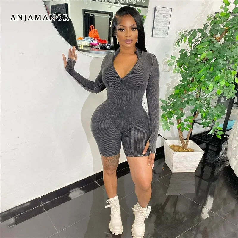 

ANJAMANOR Sport Zipper Long Sleeve Bodycon Jumpsuit for Women 2023 Athletic Rib Knit Grey Romper One Piece Active Wear D87-FE41