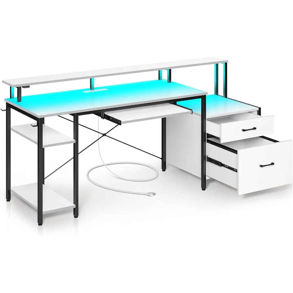Computer Desk File Drawer, Gaming Desk with LED Light & Power Outlets, Home Office Desk with File Cabinet 2