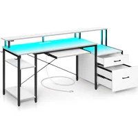 Computer Desk File Drawer, Gaming Desk with LED Light & Power Outlets, Home Office Desk with File Cabinet 2