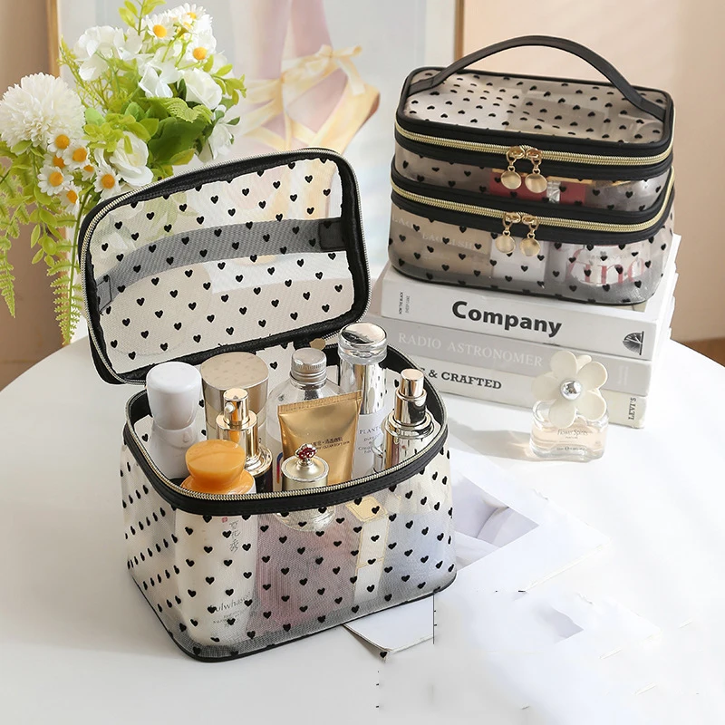 Double-layers Black Mesh Cosmetic Bag Travel Portable Large-Capacity Makeup Case Organizer Storage Pouch Zipper Toiletry Bags 3