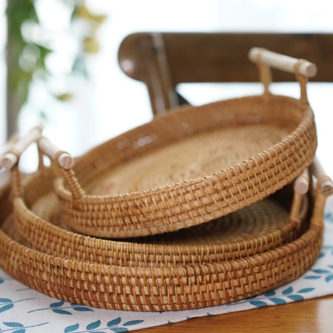 Plate Fruit Cake Platter Dinner Serving Tray Handwoven Rattan Storage