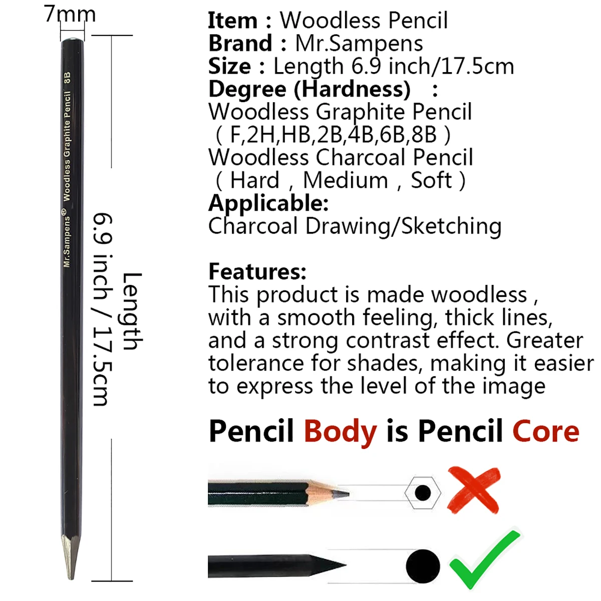 10pcs Woodless Pencil Set - Black Charcoal Pencil 7mm for Drawing Writing Shading Coloring Soft Pencil No Wood Artist 6