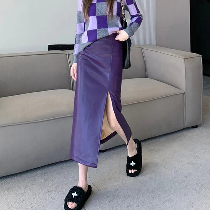 

Limiguyue Purple Leather PU Skirts Women Elegant Split High Waist Vintage Long Skirt Autumn Winter Black Bodycon Skirts Slim