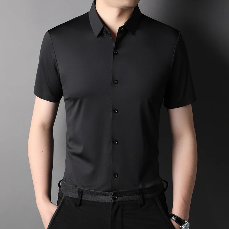 Description Picture 4 of itemMLSHP High Elasticity Summer Men's Shirts Luxury Short Sleeve Solid Color Seamless Business Casual Male Dress Shirts 4XL