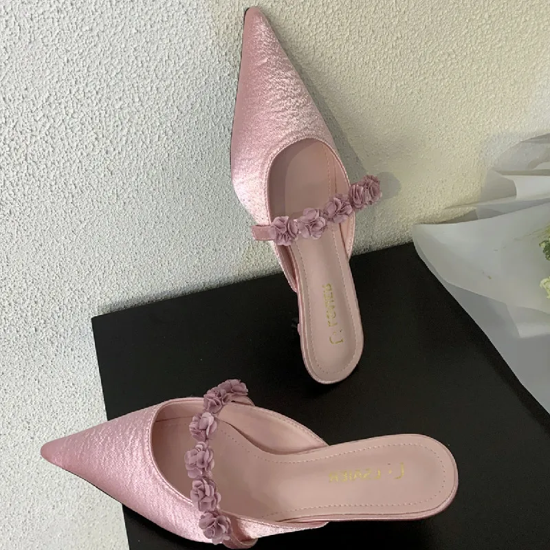 Satin Floral Designer Heeled Sandals Women Pointed toe Mule Pumps Elegant Banquet Slingback Dress Heels Slides Slippers Ladies