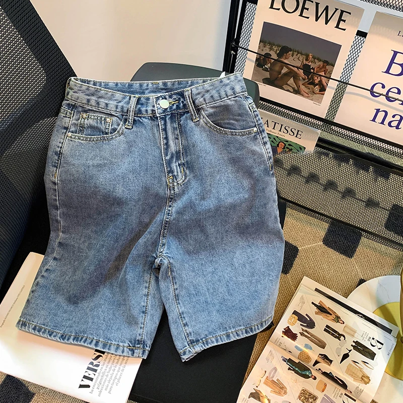 Wide High Waisted Black Shorts Jeans Women Y2k Summer Female Vintage Blue Straight Denim Short Korean Casual Knee Length Pants