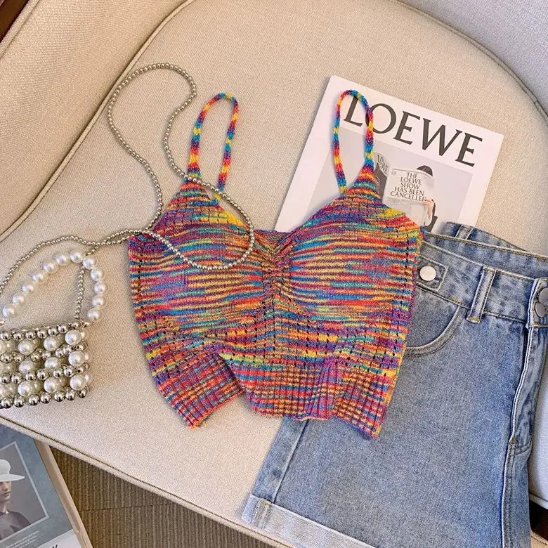 Colorful Striped Camisole Knit Vest Women\'s Summer 2023 New Sweet and Spicy Sexy Sleeveless Tank Top