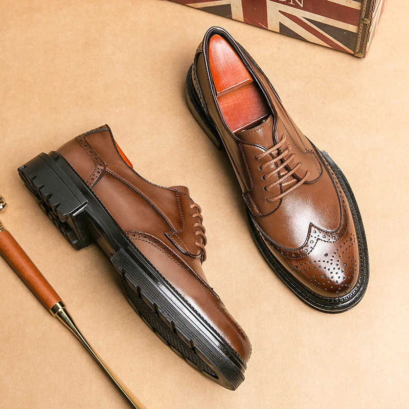 Oxford Shoes Genuine Calfskin Leather Brogue Dress Shoes Classic Business Formal Man Handcrafted Mens