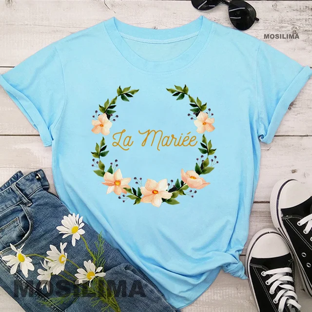 Team Bride Bachelorette Wedding Party Women Evjf Tee Shirt Casual ladies basic O-collar Pink Short Sleeved T-shirt Girl Light blue3