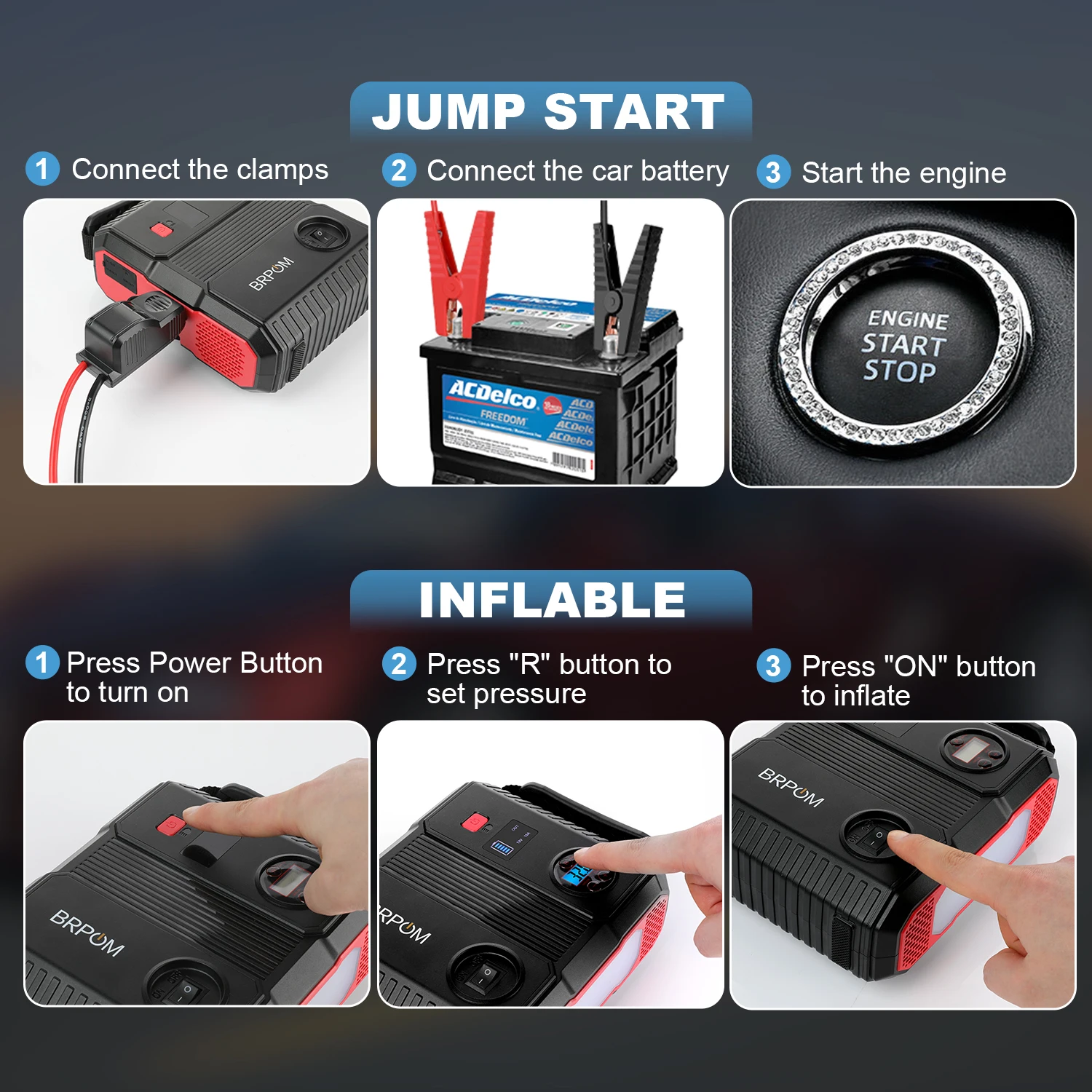 Car Jump Starter 2 In 1 3000A 24000mAh 150PSI Air Compressor Tire Pump Portable Charger Starting Device