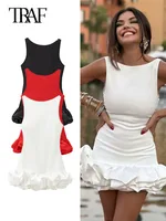 TRAF Women Sexy Mini Dress 2024 Fashion Female O-neck Sleeveless Backless Dress Elegant Ruffles Slim Back Zipper Party Dress 1