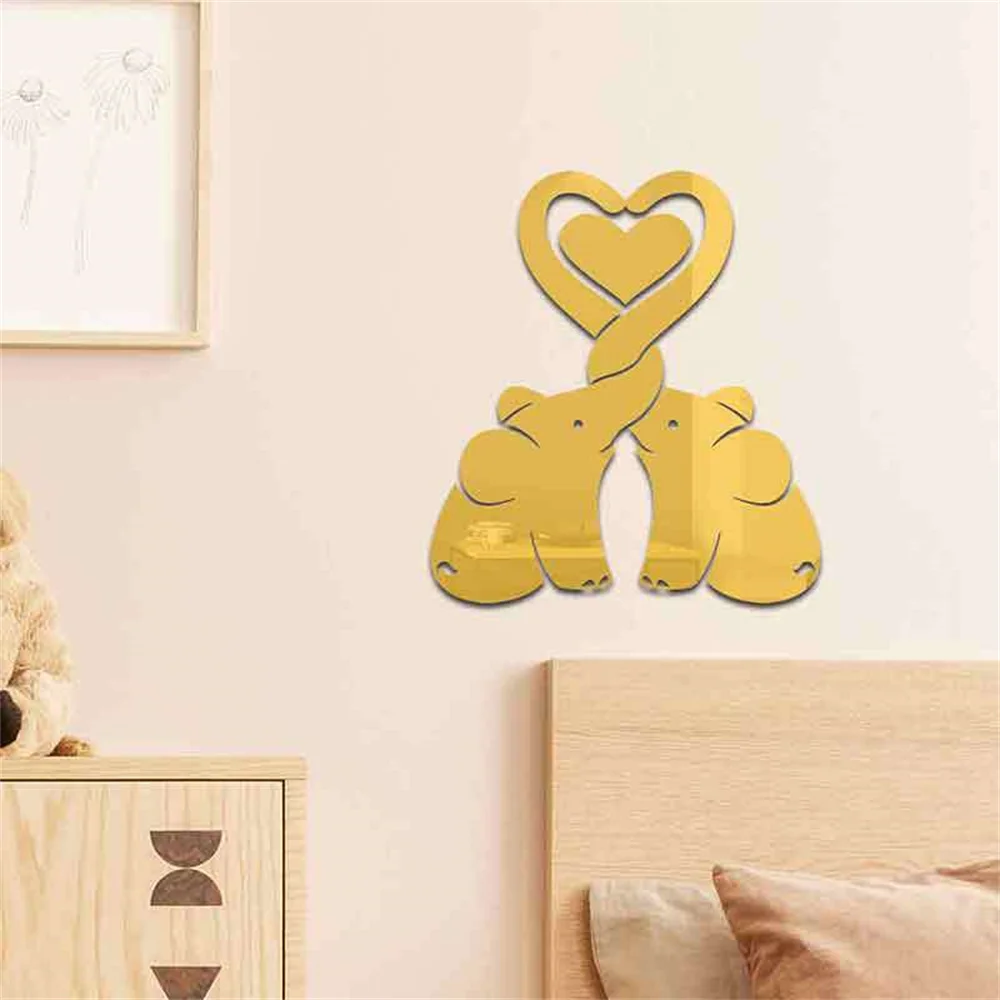 1set 3D Elephant Stickers Mirror Surface Decals DIY Self-adhesive Wall Art Mirror Stickers Home Decoration Mural Gift ﻿
